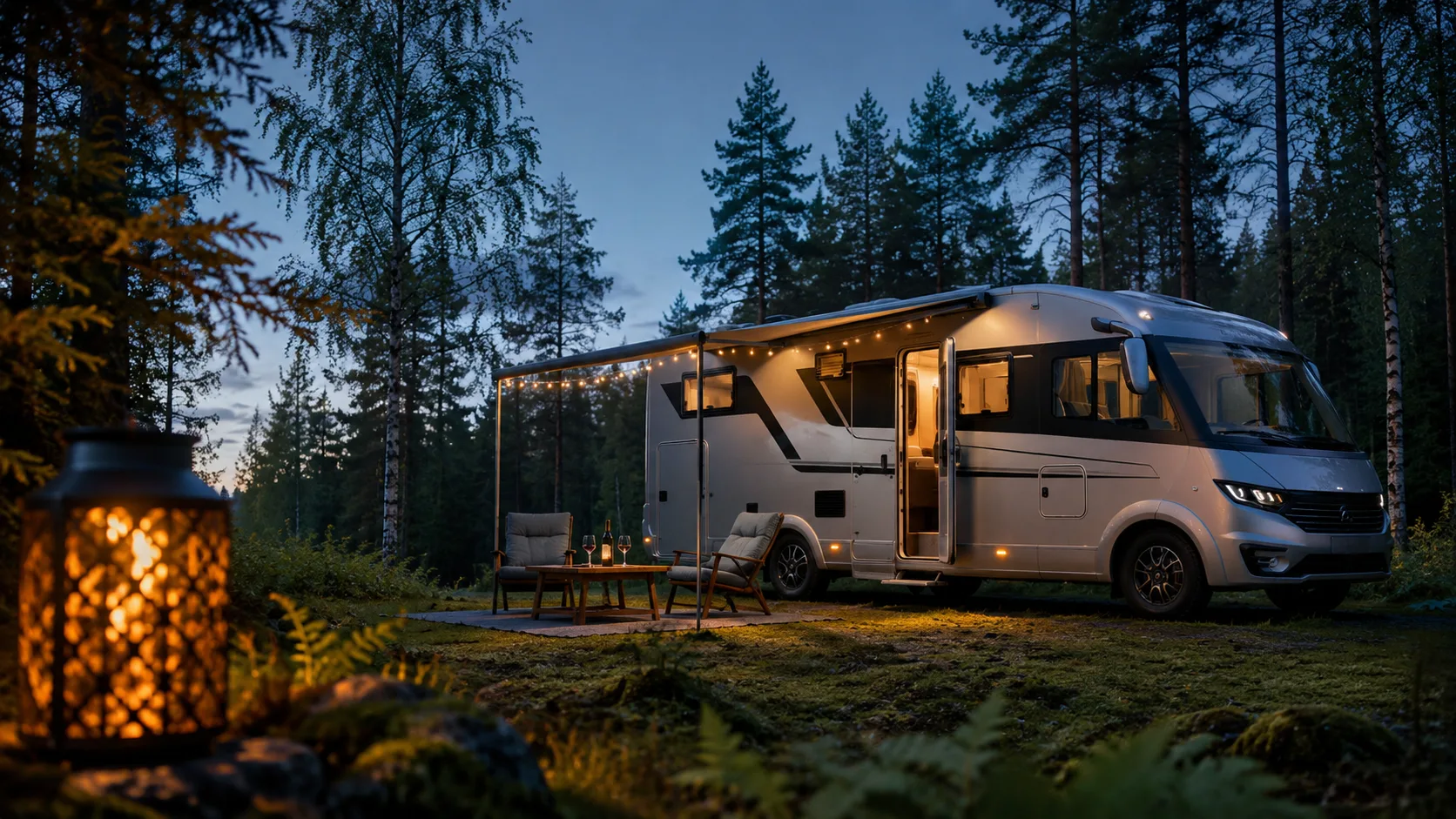 Camper bij avondschemer in het bos met lichtjes en lantaarn