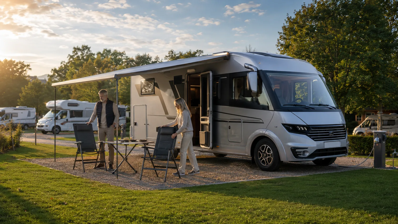 Stel richt de staanplaats in naast de camper op een zonnige camping