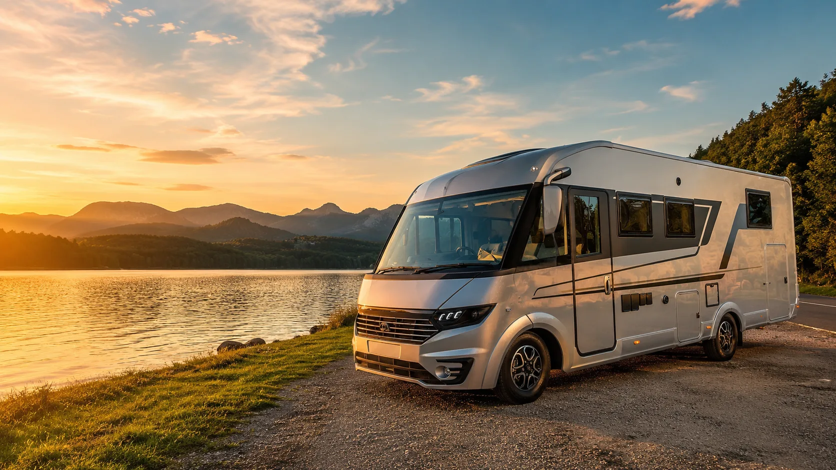 Luxe Adria Sonic Supreme camper op een kustweg bij zonsondergang